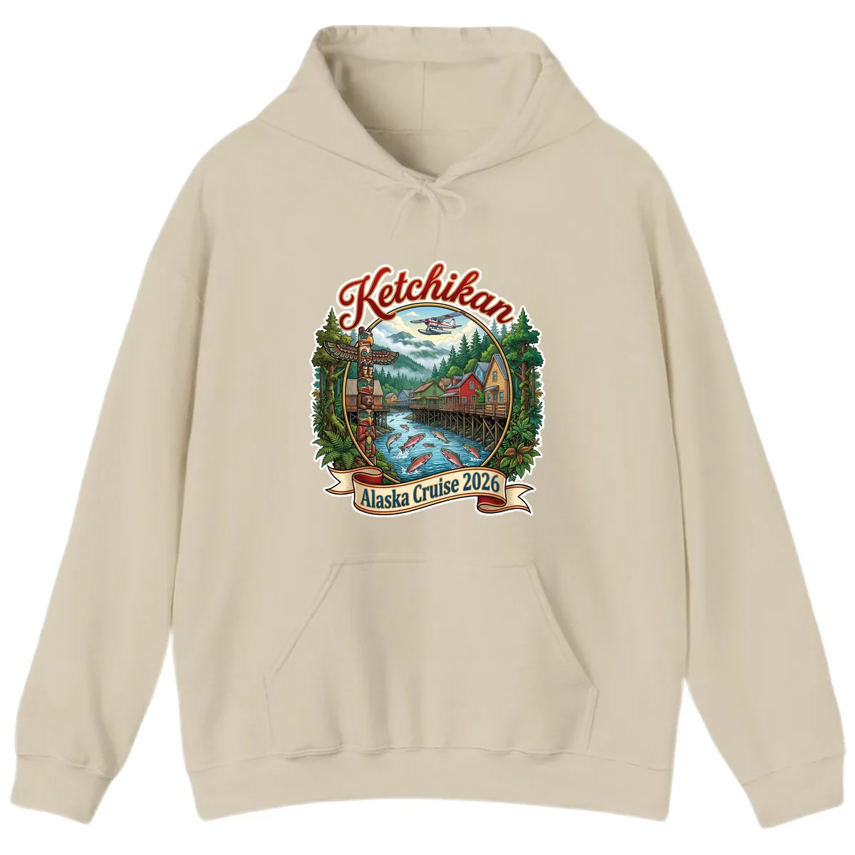 Ketchikan Alaska Cruise 2026 Scenic Illustration Hoodie in Sand