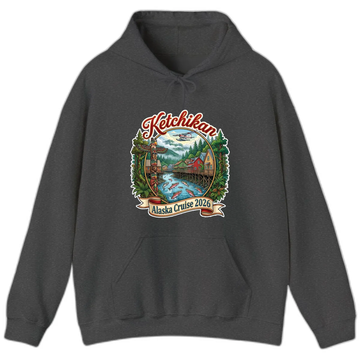 Ketchikan Alaska Cruise 2026 Scenic Illustration Hoodie in Dark Heather