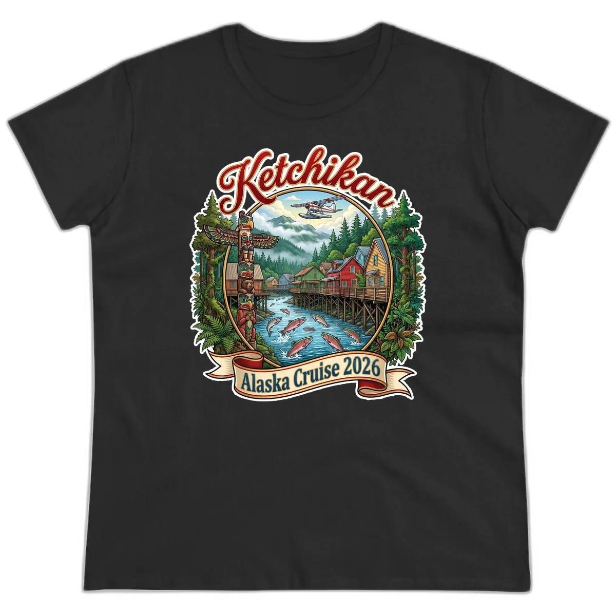 Ketchikan Alaska Cruise 2026 Scenic Illustration Ladies Tee in Black