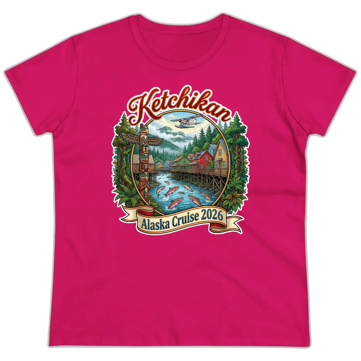Ketchikan Alaska Cruise 2026 Scenic Illustration Ladies Tee in Heliconia