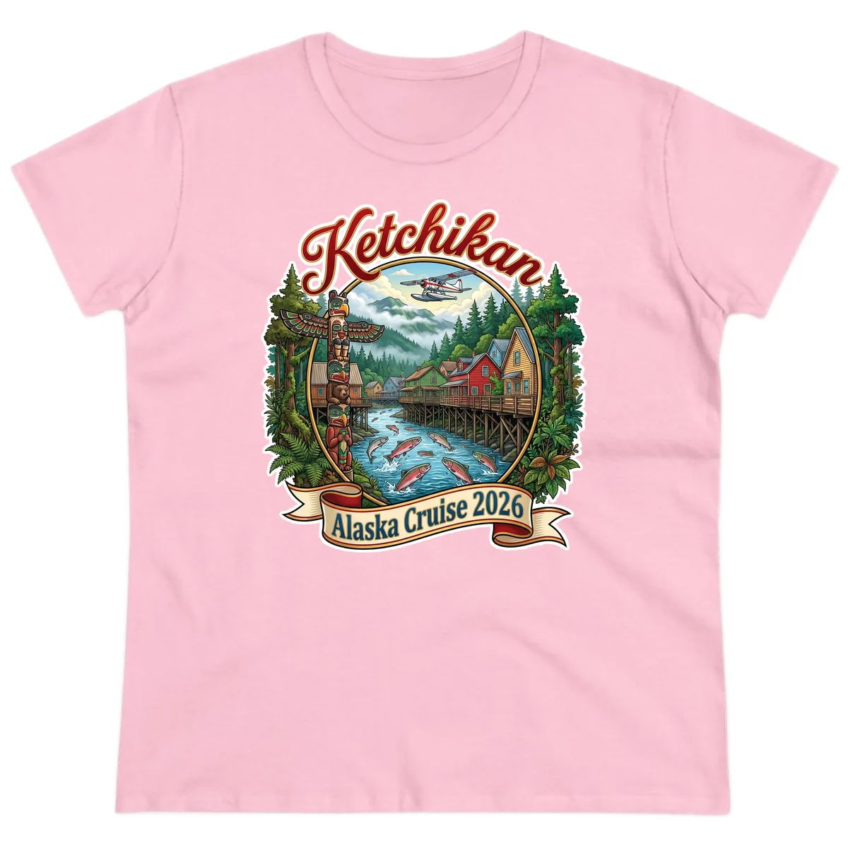 Ketchikan Alaska Cruise 2026 Scenic Illustration Ladies Tee in Light Pink