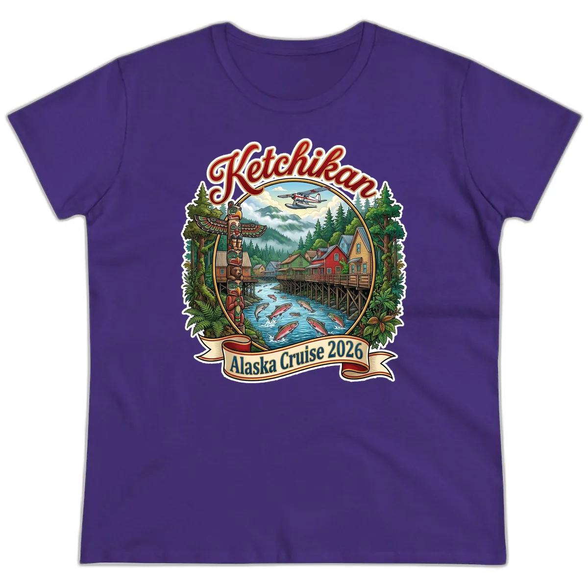 Ketchikan Alaska Cruise 2026 Scenic Illustration Ladies Tee in Purple