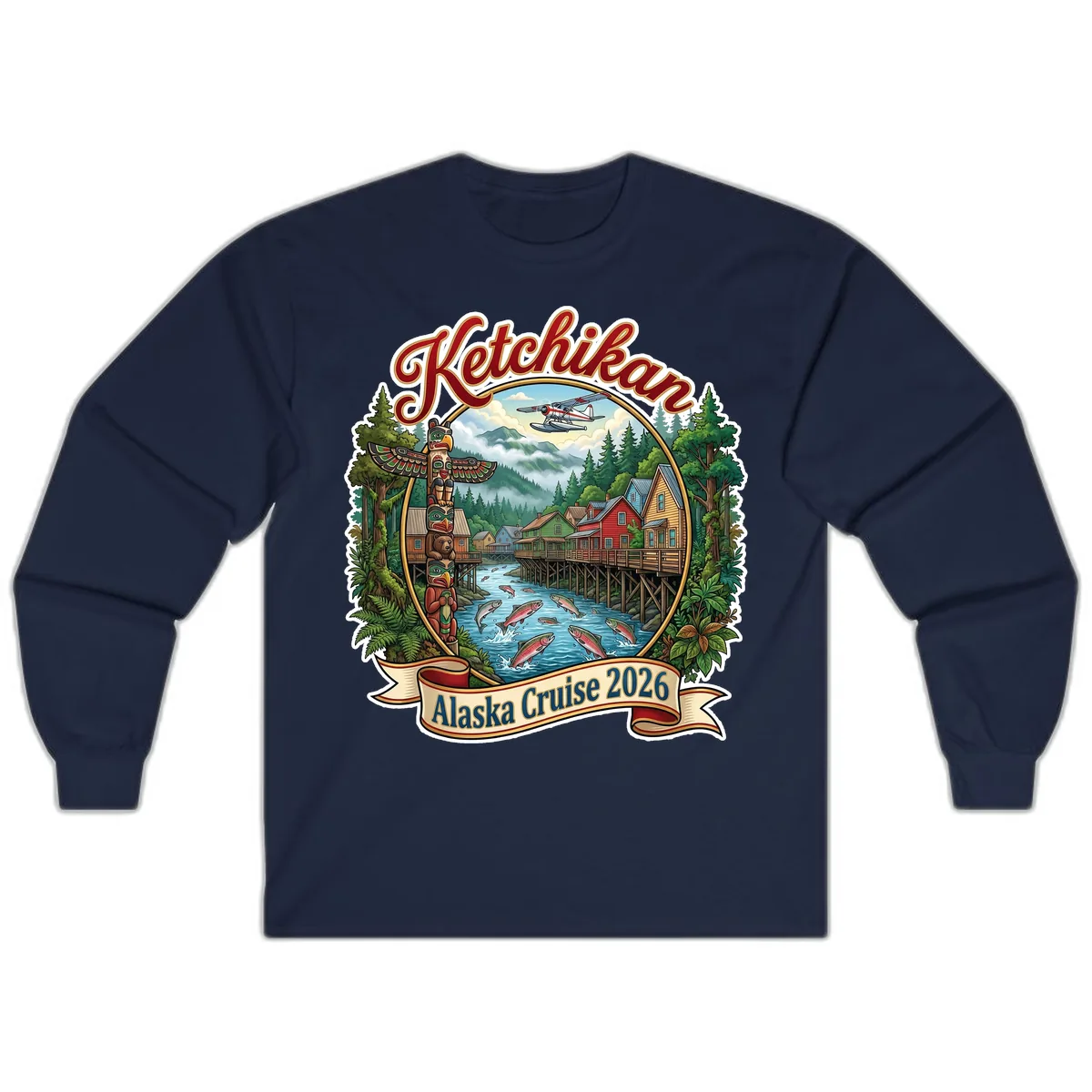 Ketchikan Alaska Cruise 2026 Scenic Illustration Long Sleeve in Navy