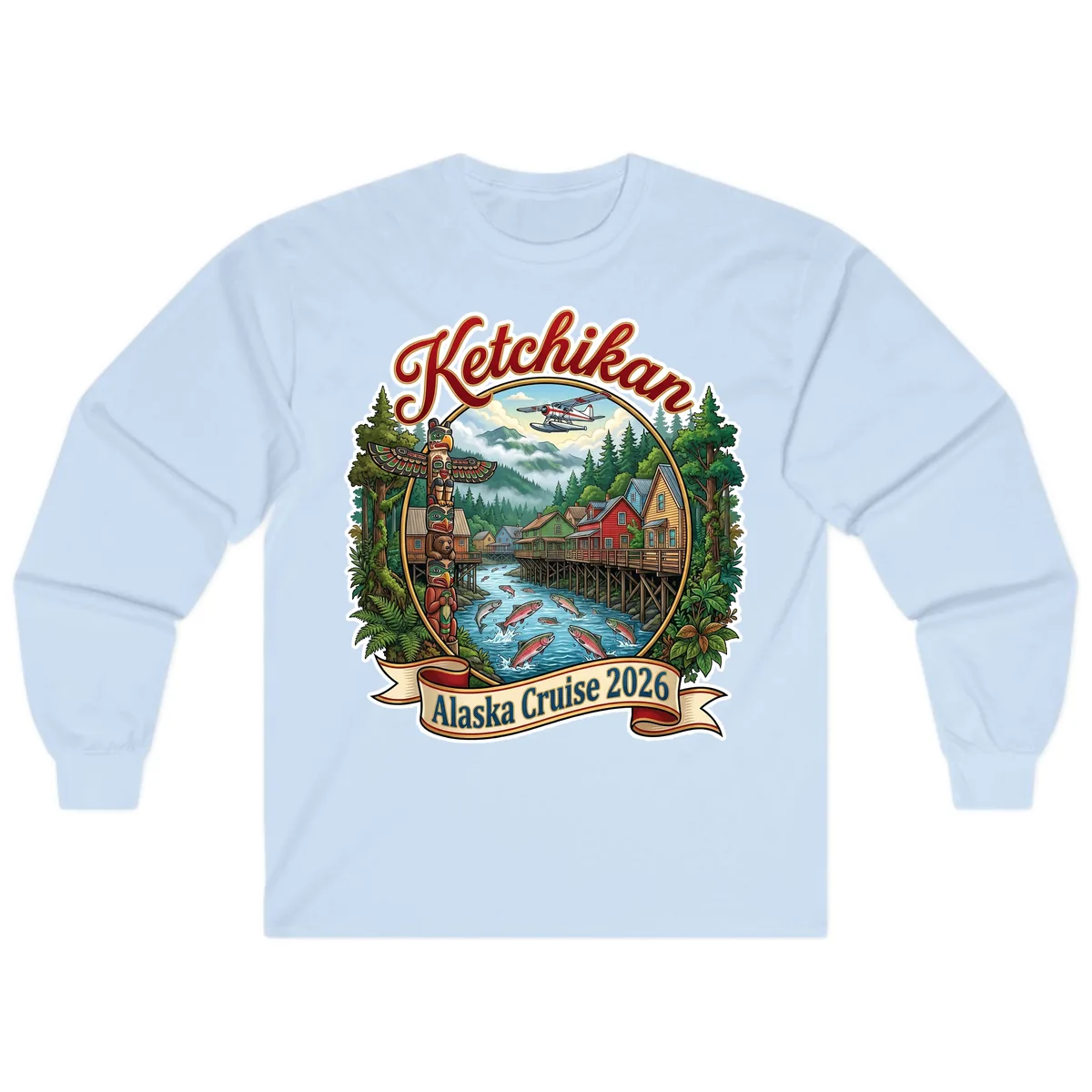 Ketchikan Alaska Cruise 2026 Scenic Illustration Long Sleeve in Light Blue