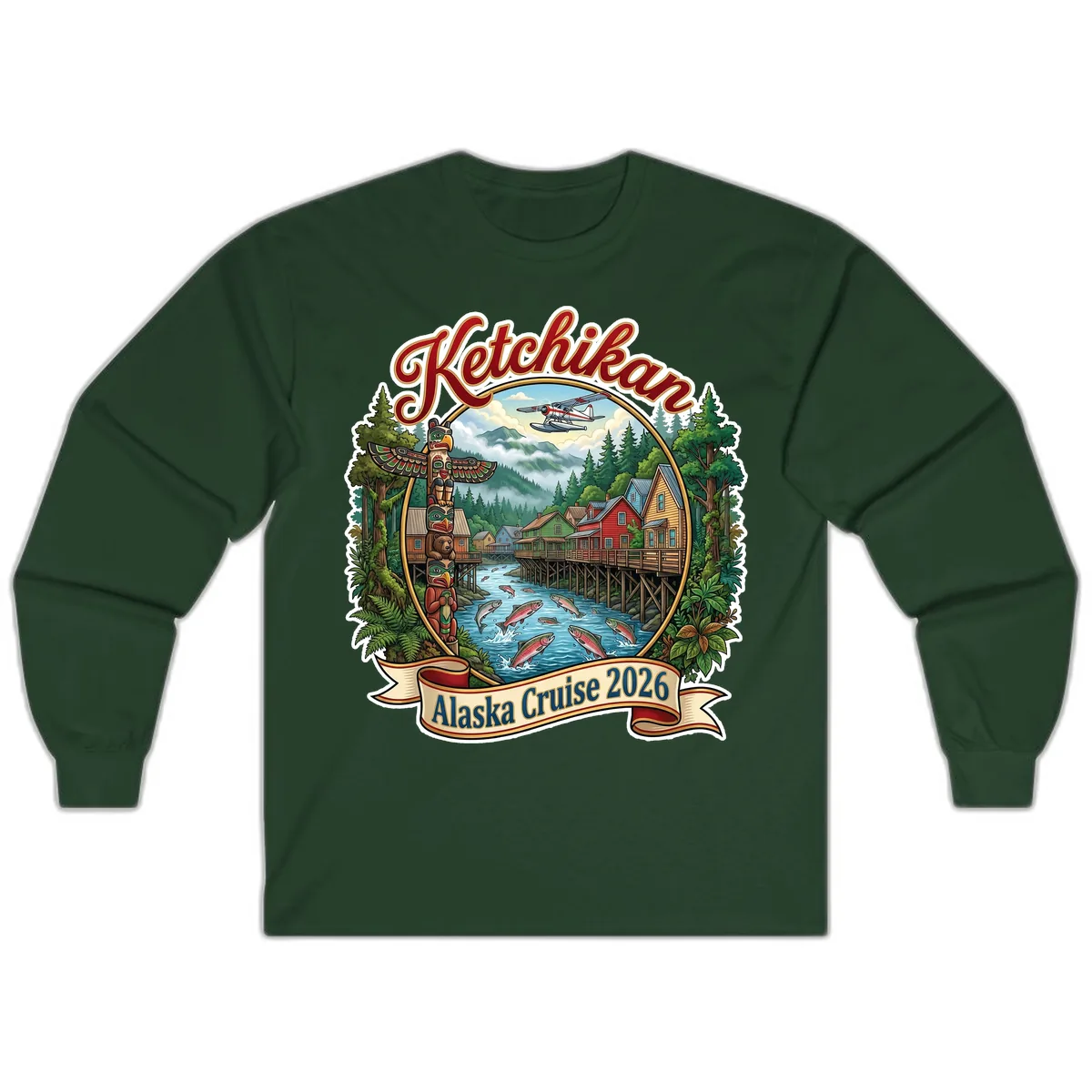 Ketchikan Alaska Cruise 2026 Scenic Illustration Long Sleeve in Forest Green