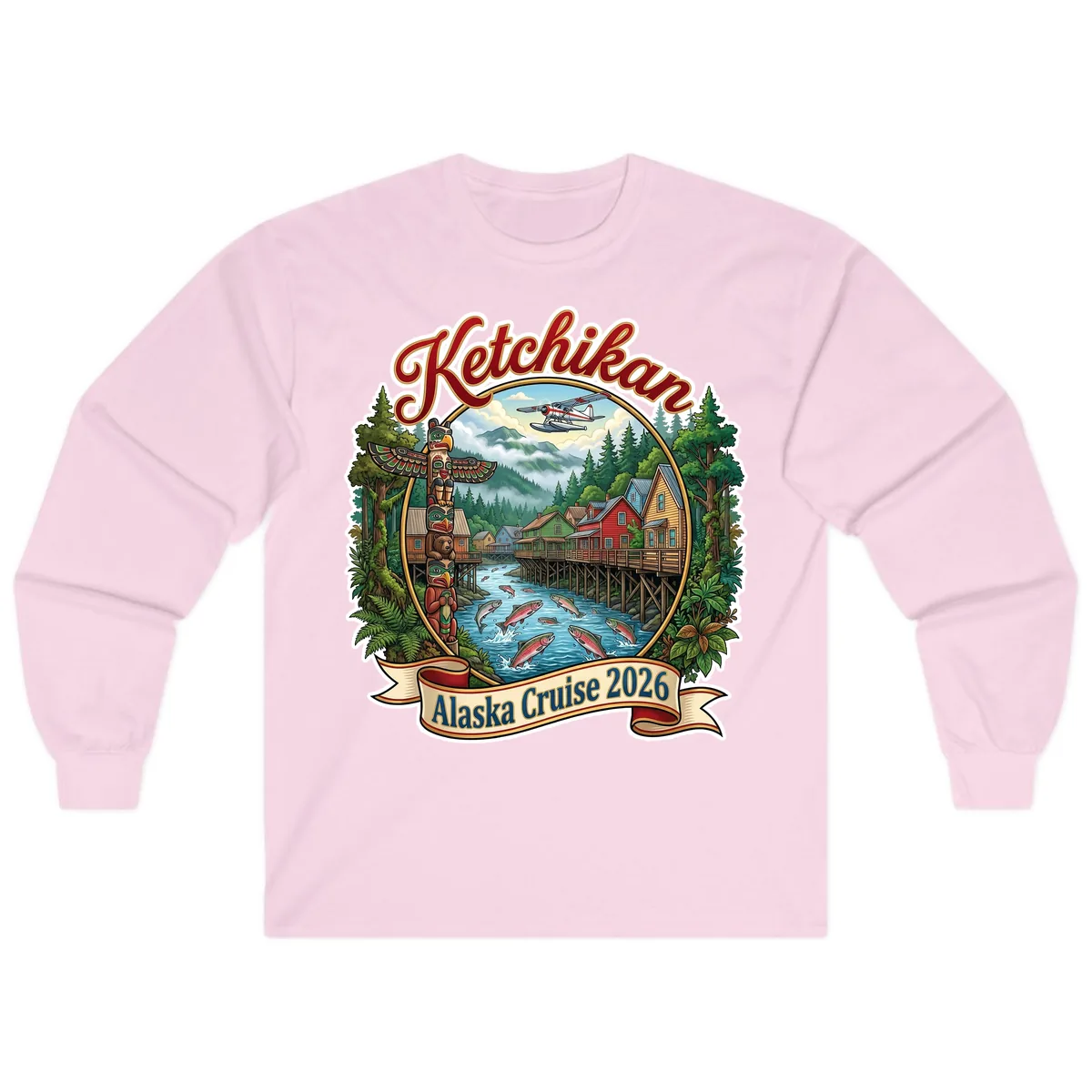 Ketchikan Alaska Cruise 2026 Scenic Illustration Long Sleeve in Light Pink