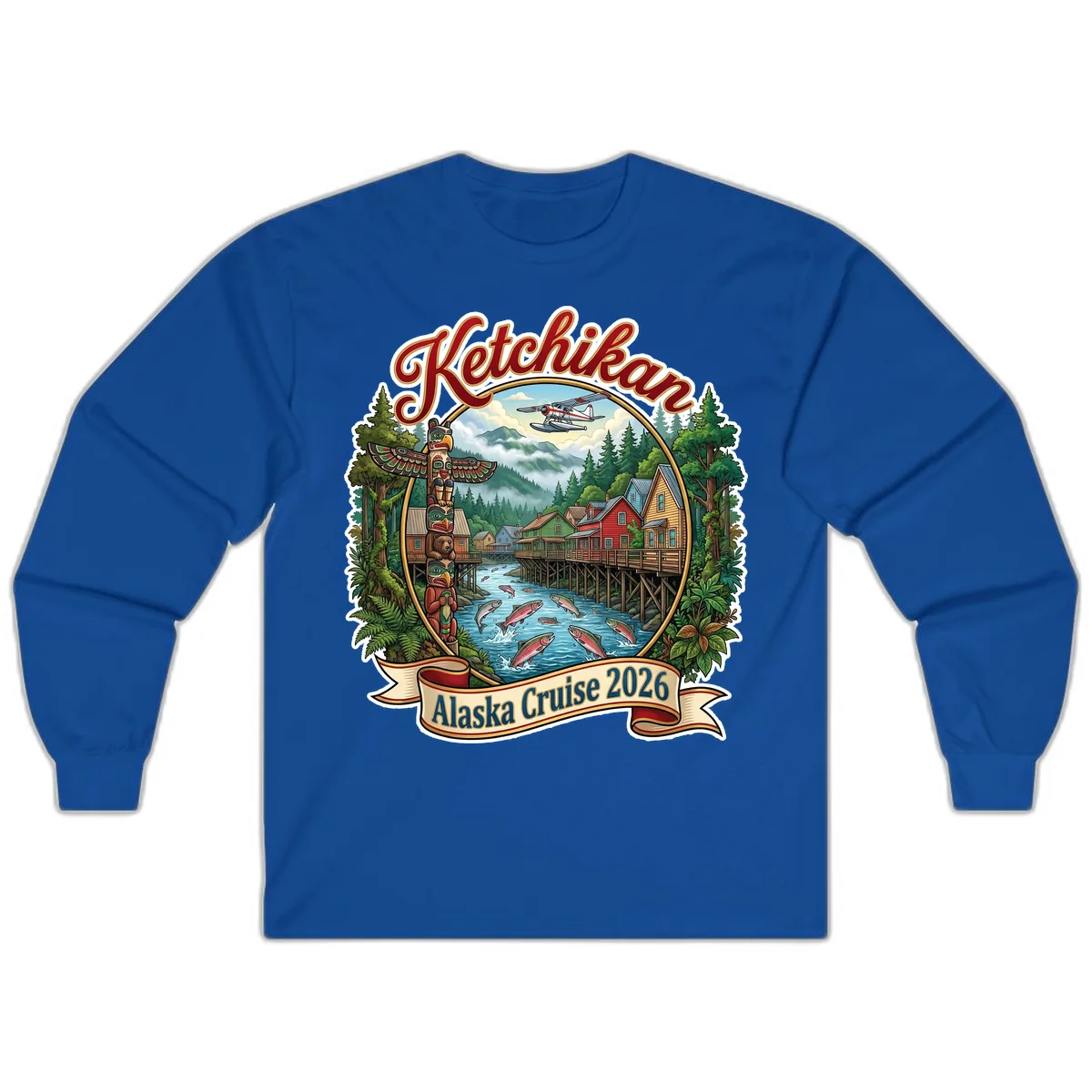 Ketchikan Alaska Cruise 2026 Scenic Illustration Long Sleeve in Royal
