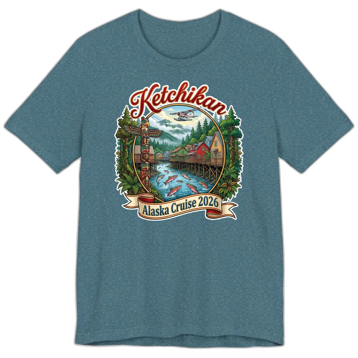 Ketchikan Alaska Cruise 2026 Scenic Illustration Premium T-Shirt in Heather Deep Teal
