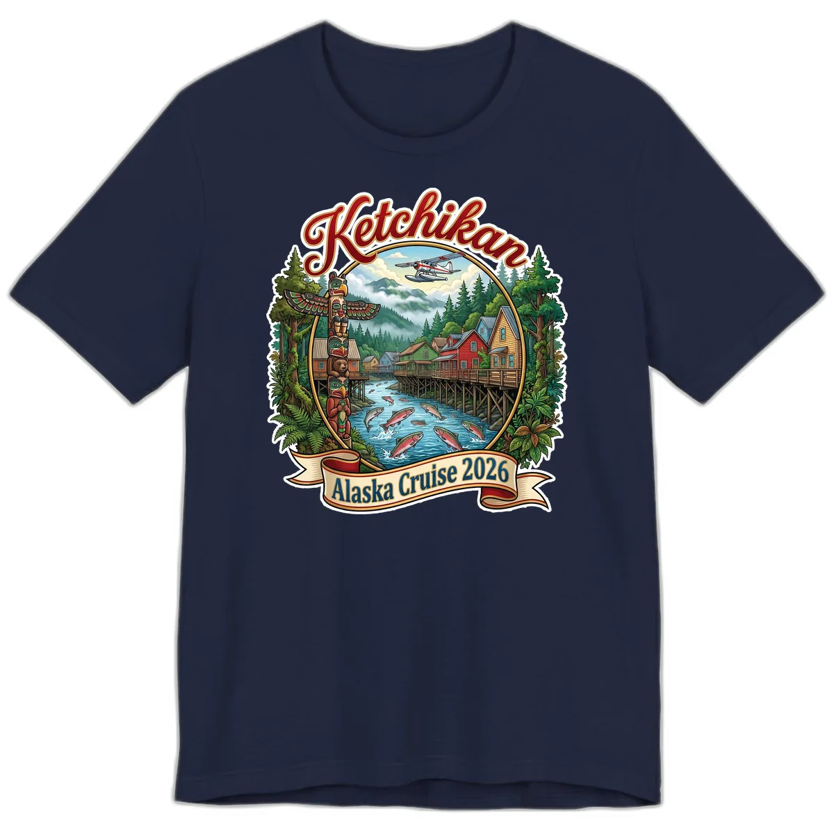Ketchikan Alaska Cruise 2026 Scenic Illustration Premium T-Shirt in Navy