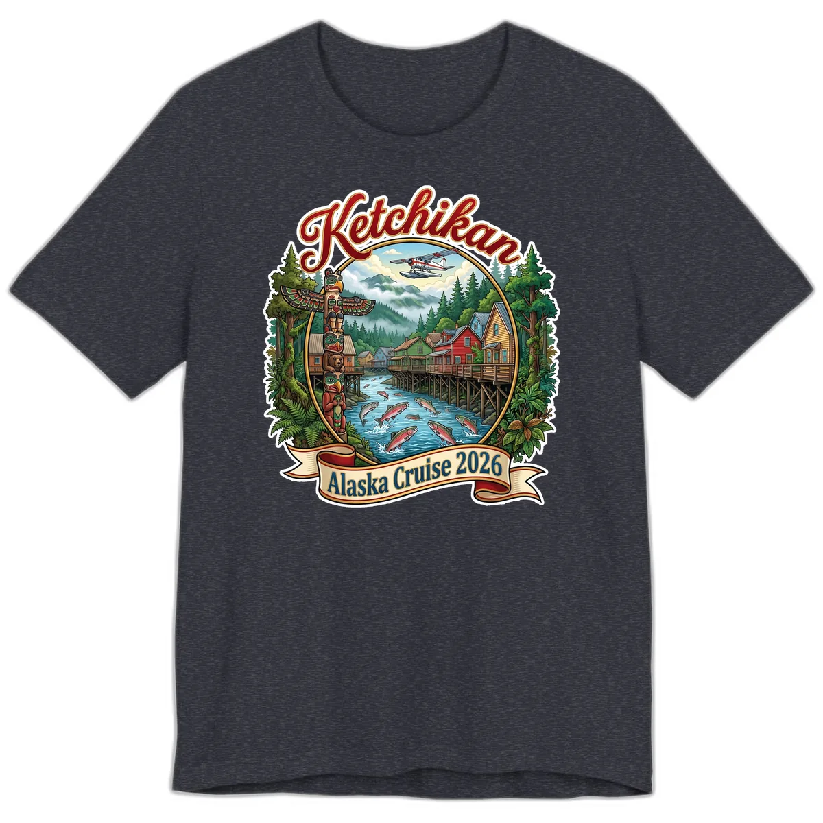 Ketchikan Alaska Cruise 2026 Scenic Illustration Premium T-Shirt in Heather Navy