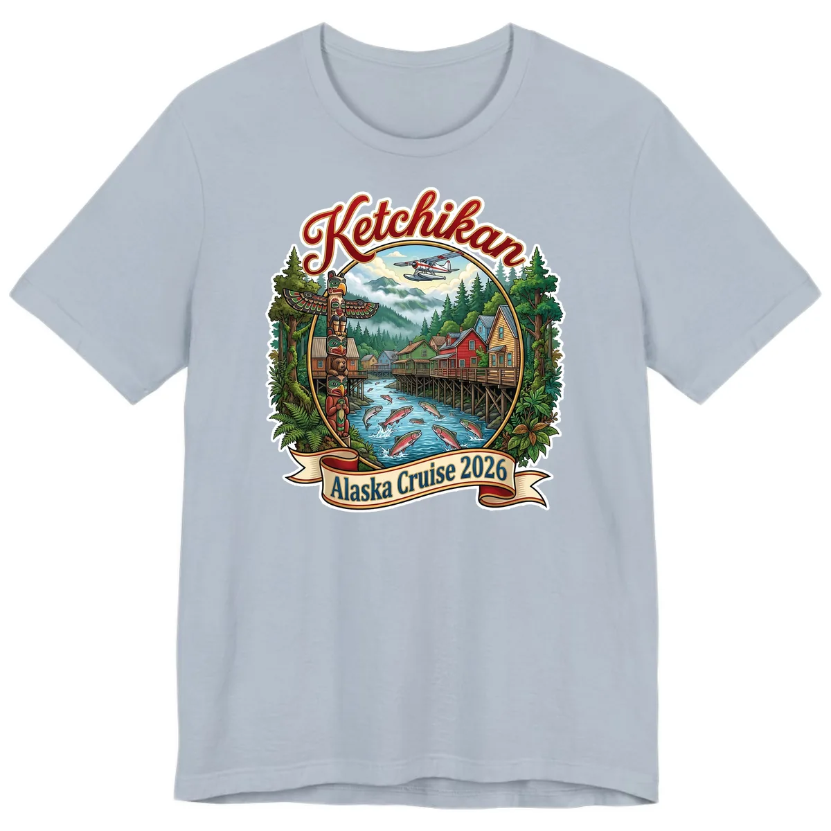 Ketchikan Alaska Cruise 2026 Scenic Illustration Premium T-Shirt in Light Blue