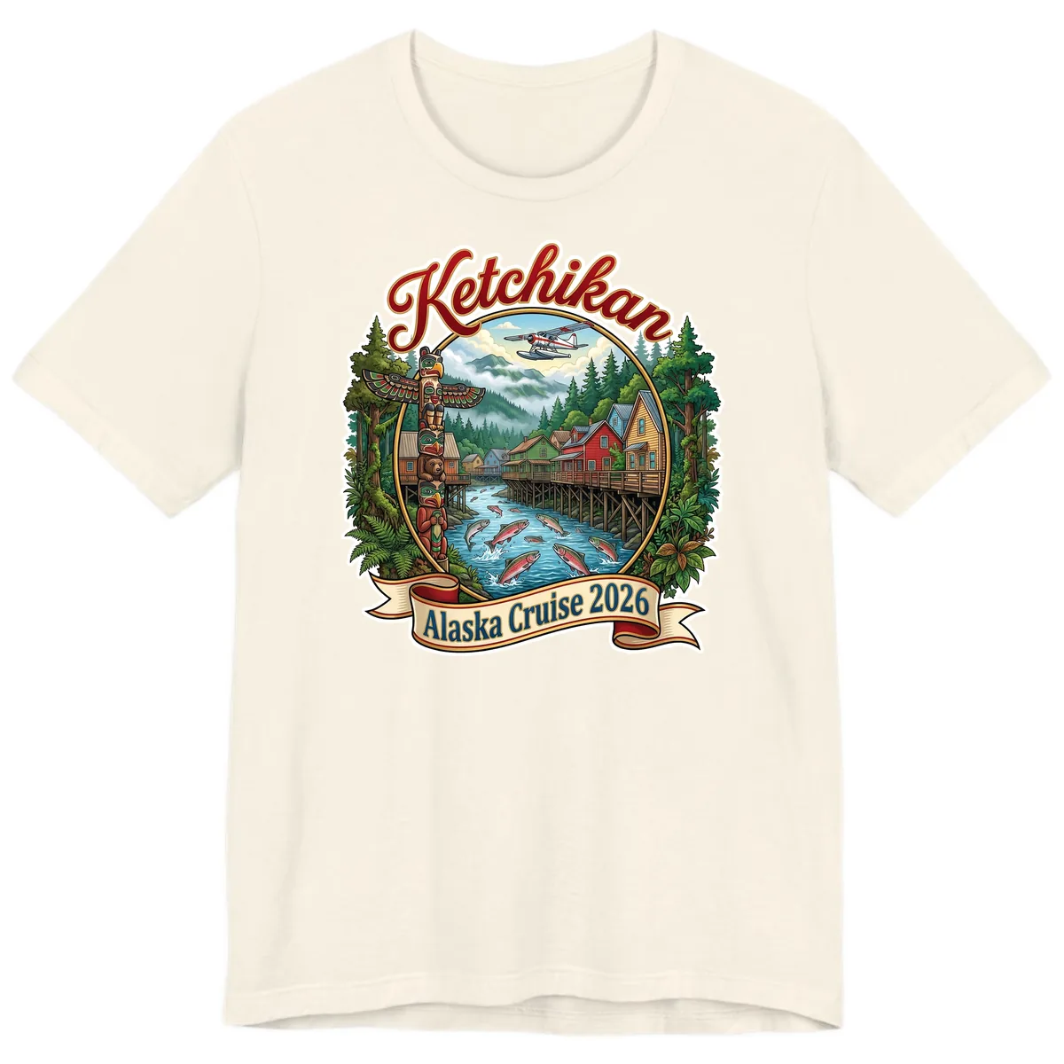 Ketchikan Alaska Cruise 2026 Scenic Illustration Premium T-Shirt in Natural