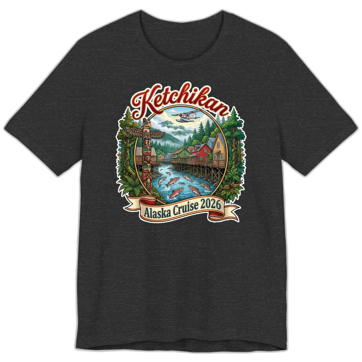 Ketchikan Alaska Cruise 2026 Scenic Illustration Premium T-Shirt in Dark Grey Heather