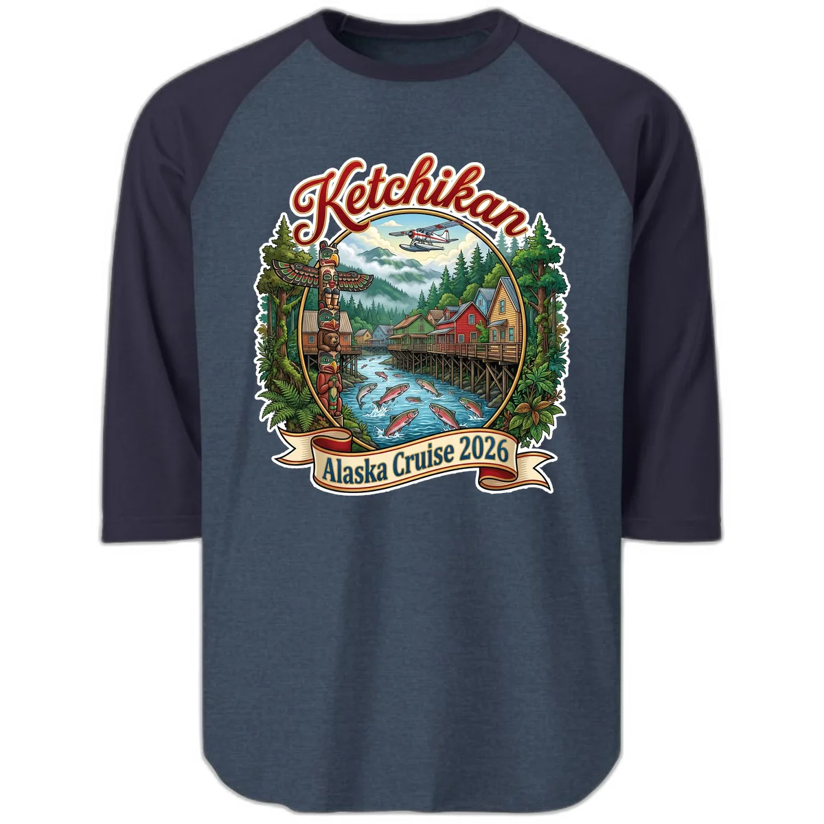 Ketchikan Alaska Cruise 2026 Scenic Illustration Raglan 3/4 in Heather Denim Navy