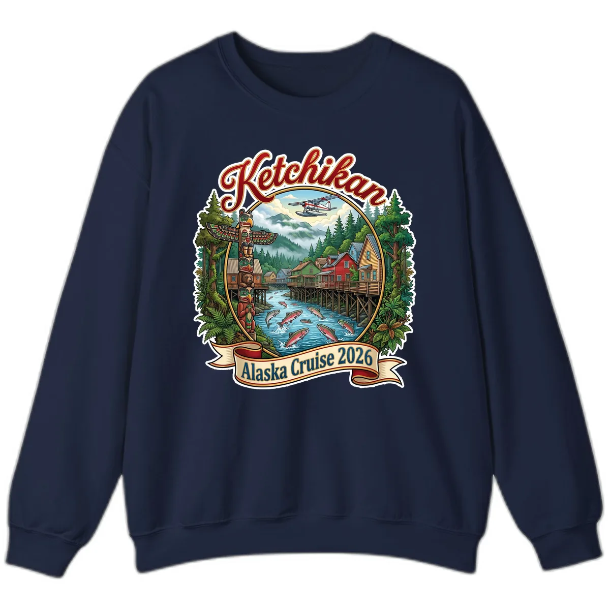 Ketchikan Alaska Cruise 2026 Scenic Illustration Sweatshirt in Navy