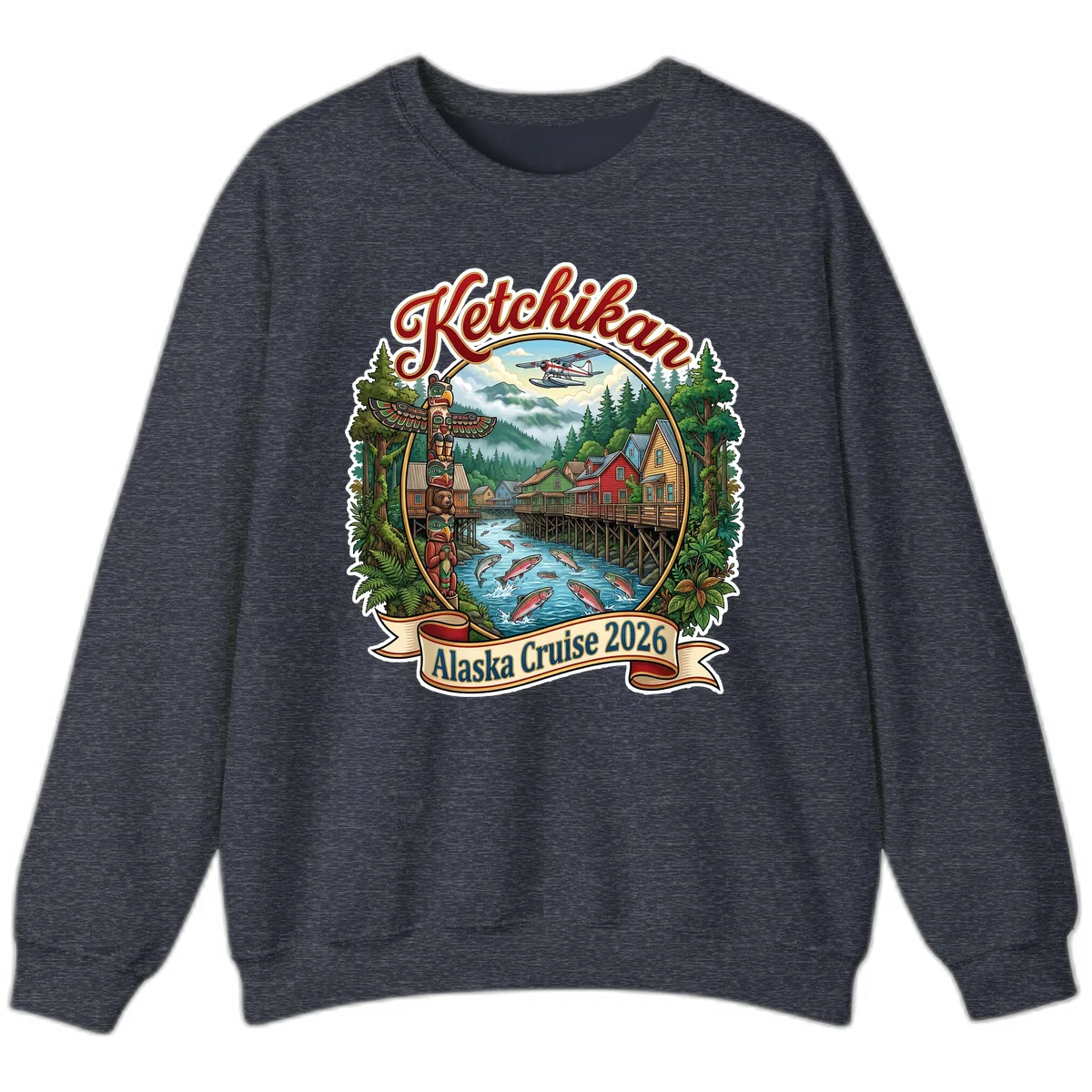 Ketchikan Alaska Cruise 2026 Scenic Illustration Sweatshirt in Heather Sport Dark Navy