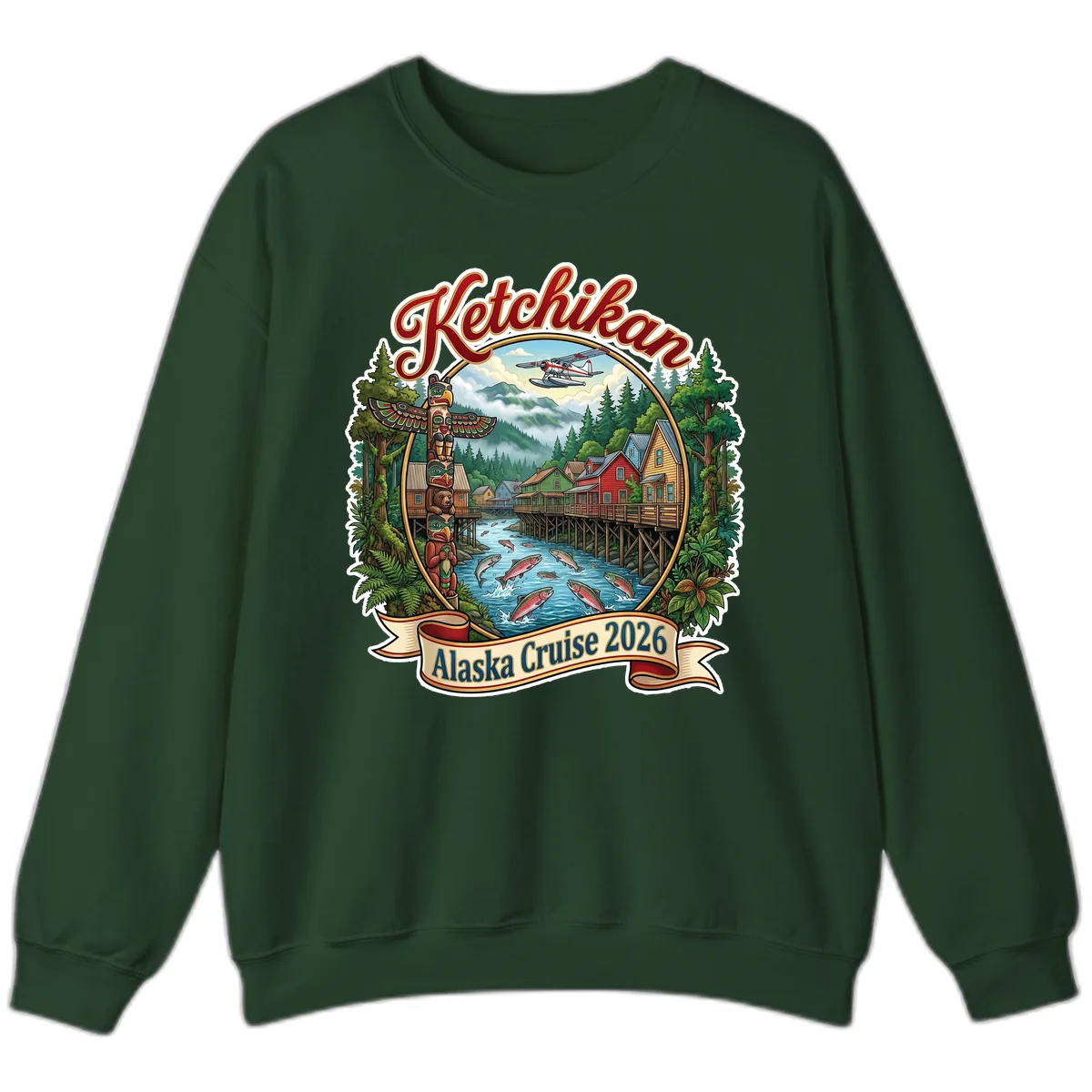 Ketchikan Alaska Cruise 2026 Scenic Illustration Sweatshirt in Forest Green