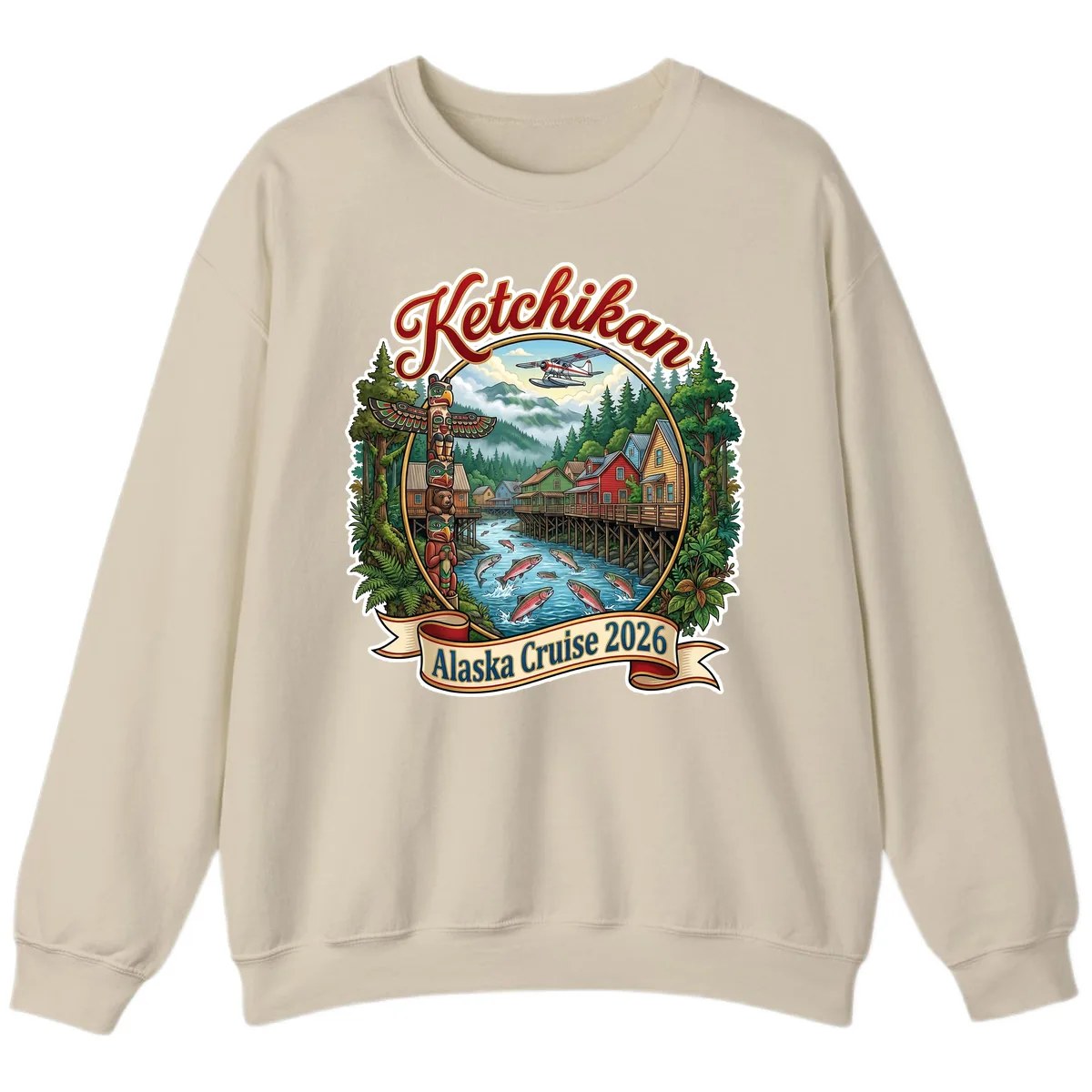 Ketchikan Alaska Cruise 2026 Scenic Illustration Sweatshirt in Sand