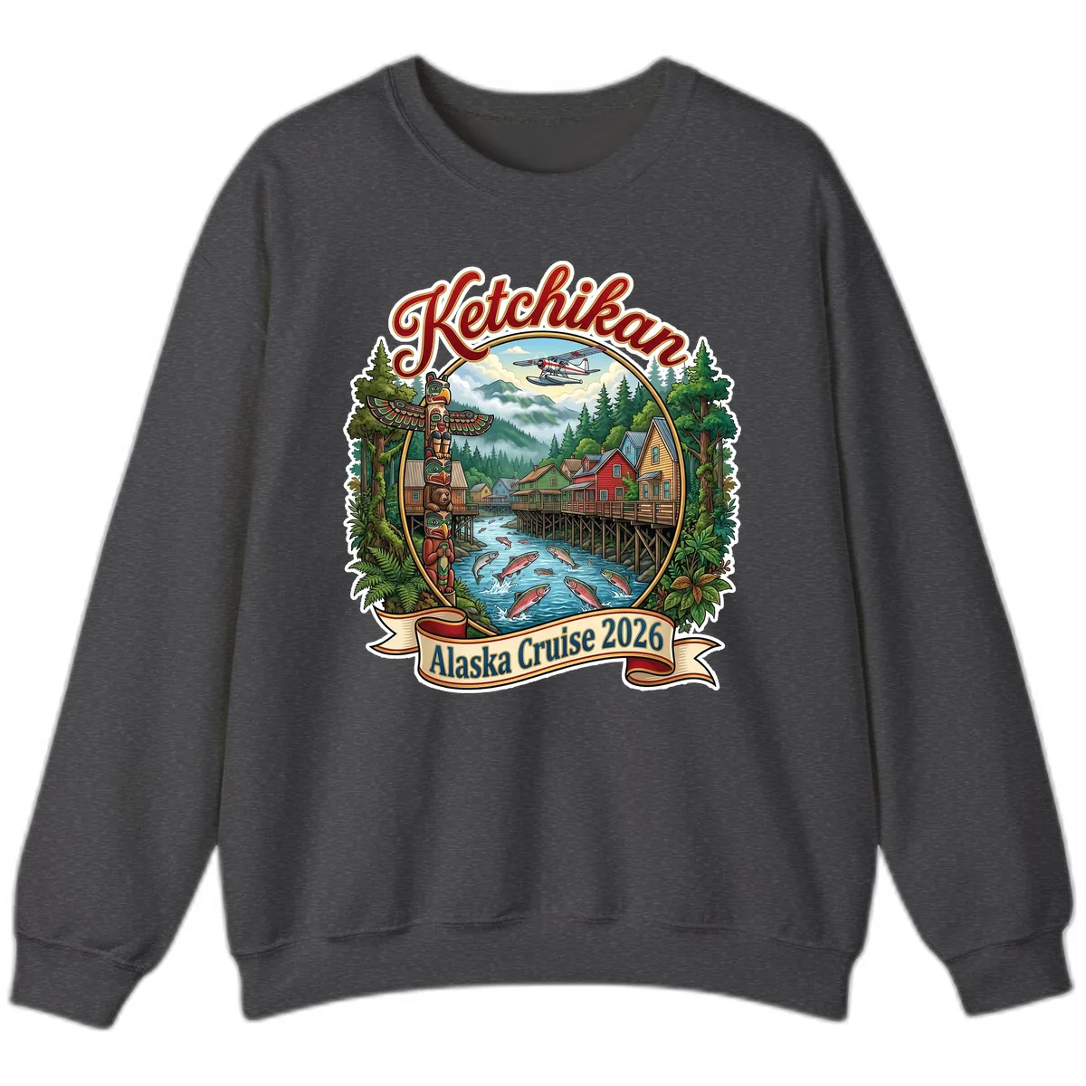 Ketchikan Alaska Cruise 2026 Scenic Illustration Sweatshirt in Dark Heather