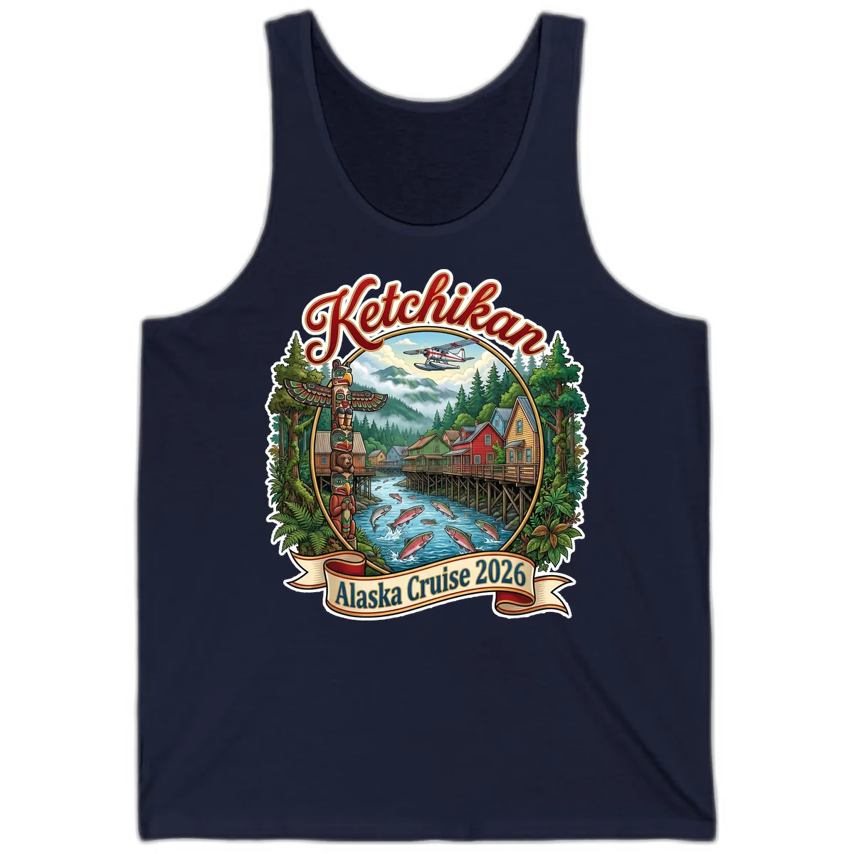 Ketchikan Alaska Cruise 2026 Scenic Illustration Tank in Navy