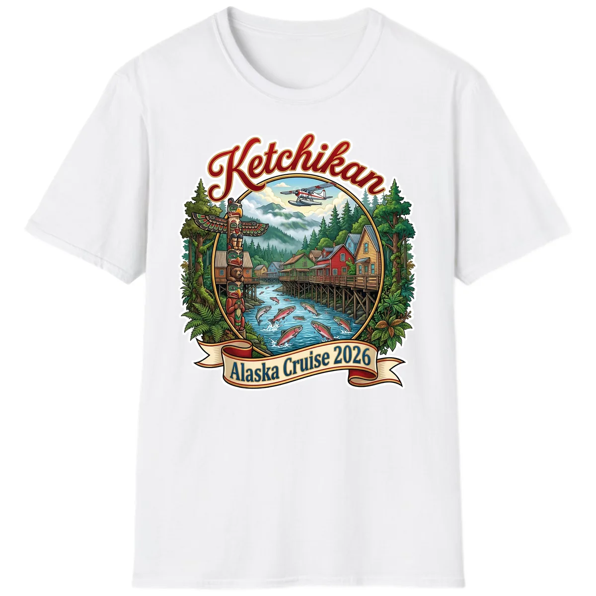 Ketchikan Alaska Cruise 2026 Scenic Illustration T-Shirt in White