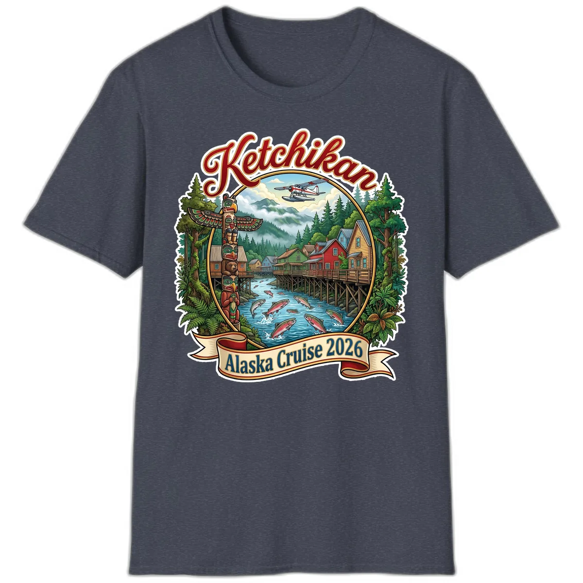 Ketchikan Alaska Cruise 2026 Scenic Illustration T-Shirt in Heather Navy