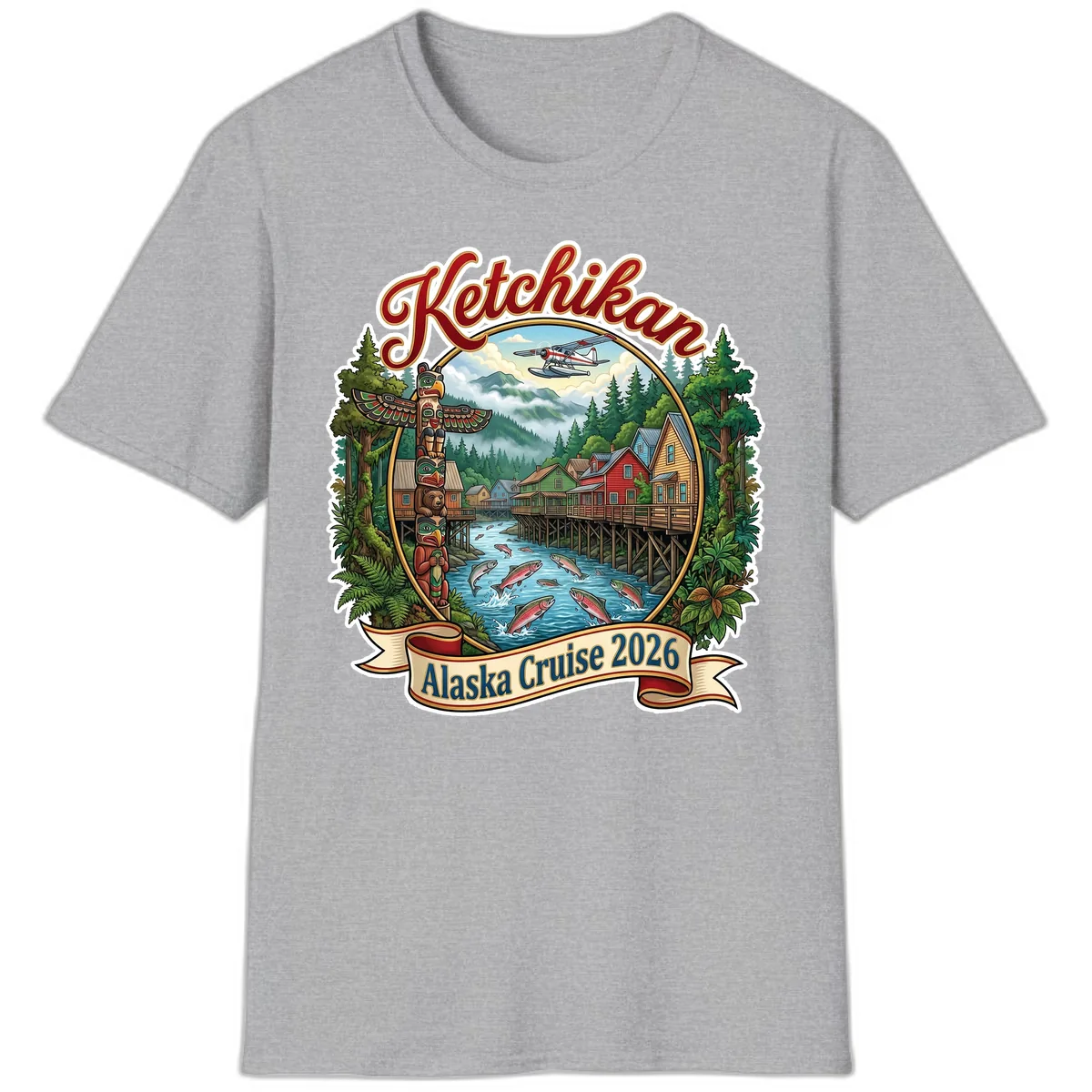 Ketchikan Alaska Cruise 2026 Scenic Illustration T-Shirt in Sport Grey