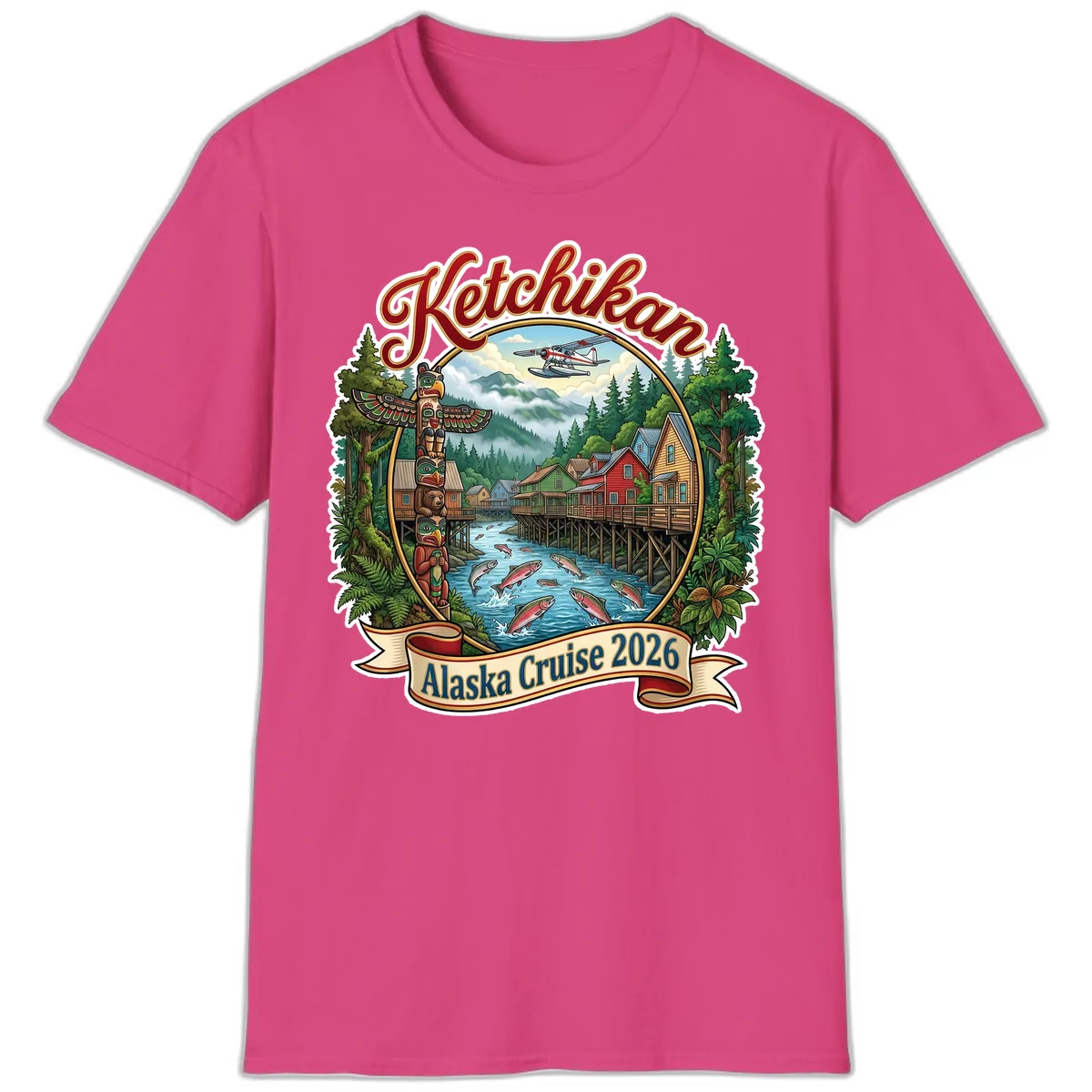 Ketchikan Alaska Cruise 2026 Scenic Illustration T-Shirt in Heliconia