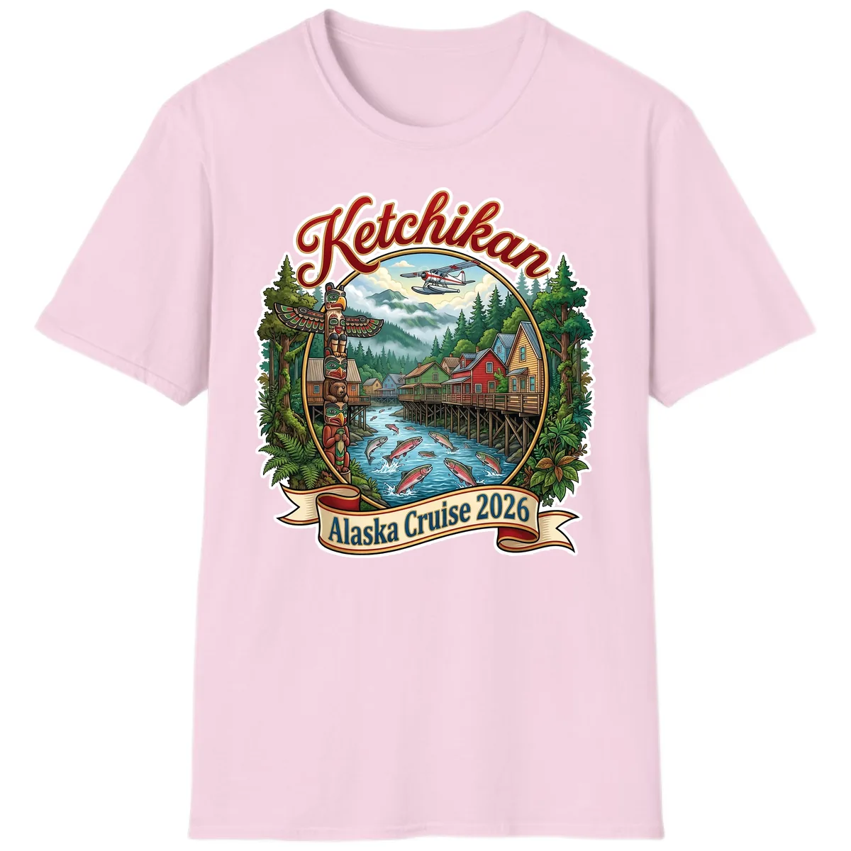 Ketchikan Alaska Cruise 2026 Scenic Illustration T-Shirt in Light Pink
