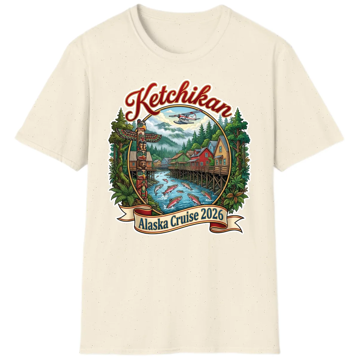Ketchikan Alaska Cruise 2026 Scenic Illustration T-Shirt in Natural