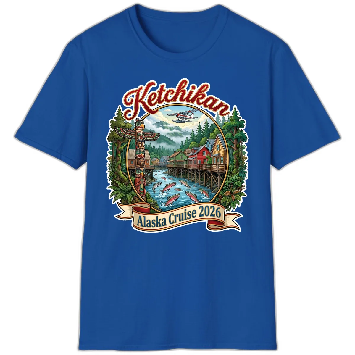 Ketchikan Alaska Cruise 2026 Scenic Illustration T-Shirt in Royal