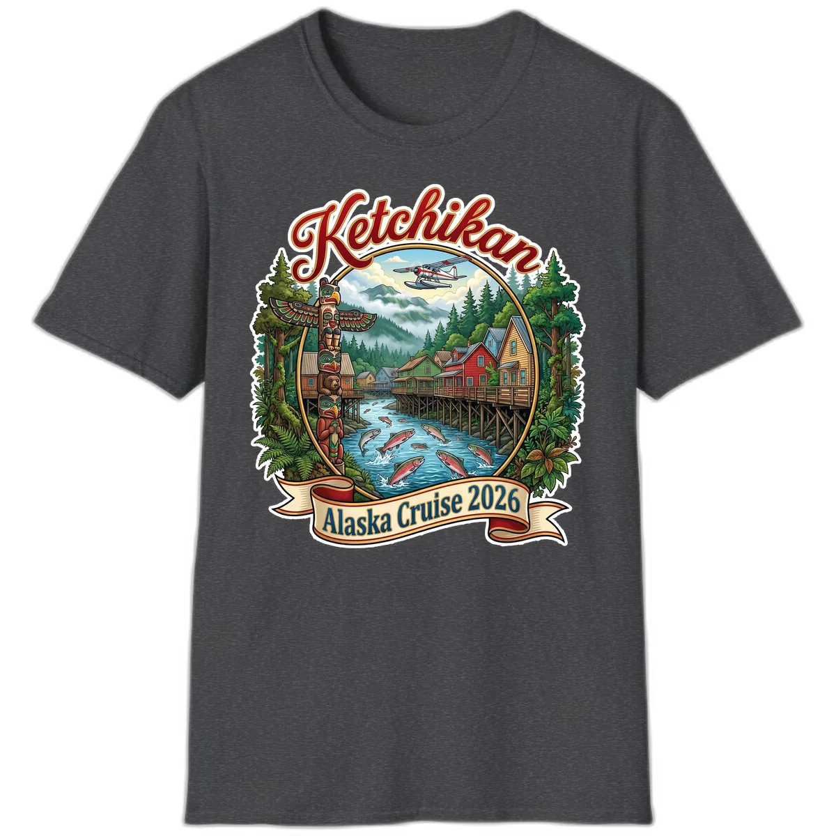 Ketchikan Alaska Cruise 2026 Scenic Illustration T-Shirt in Dark Heather
