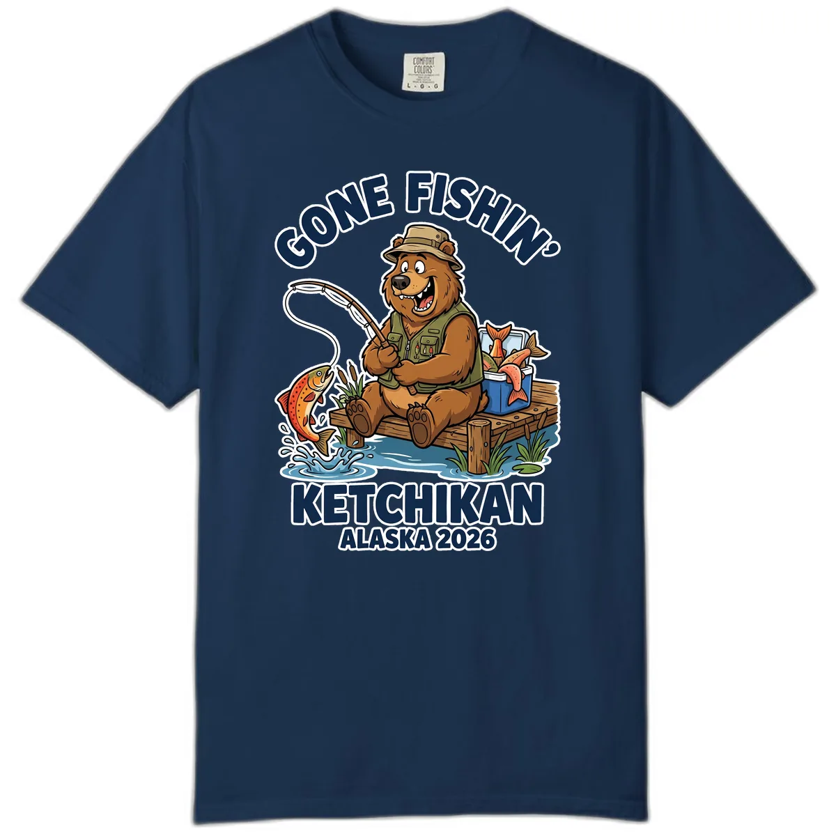 Gone Fishin' Ketchikan Alaska Bear Fishing Adventure Comfort Color in Navy