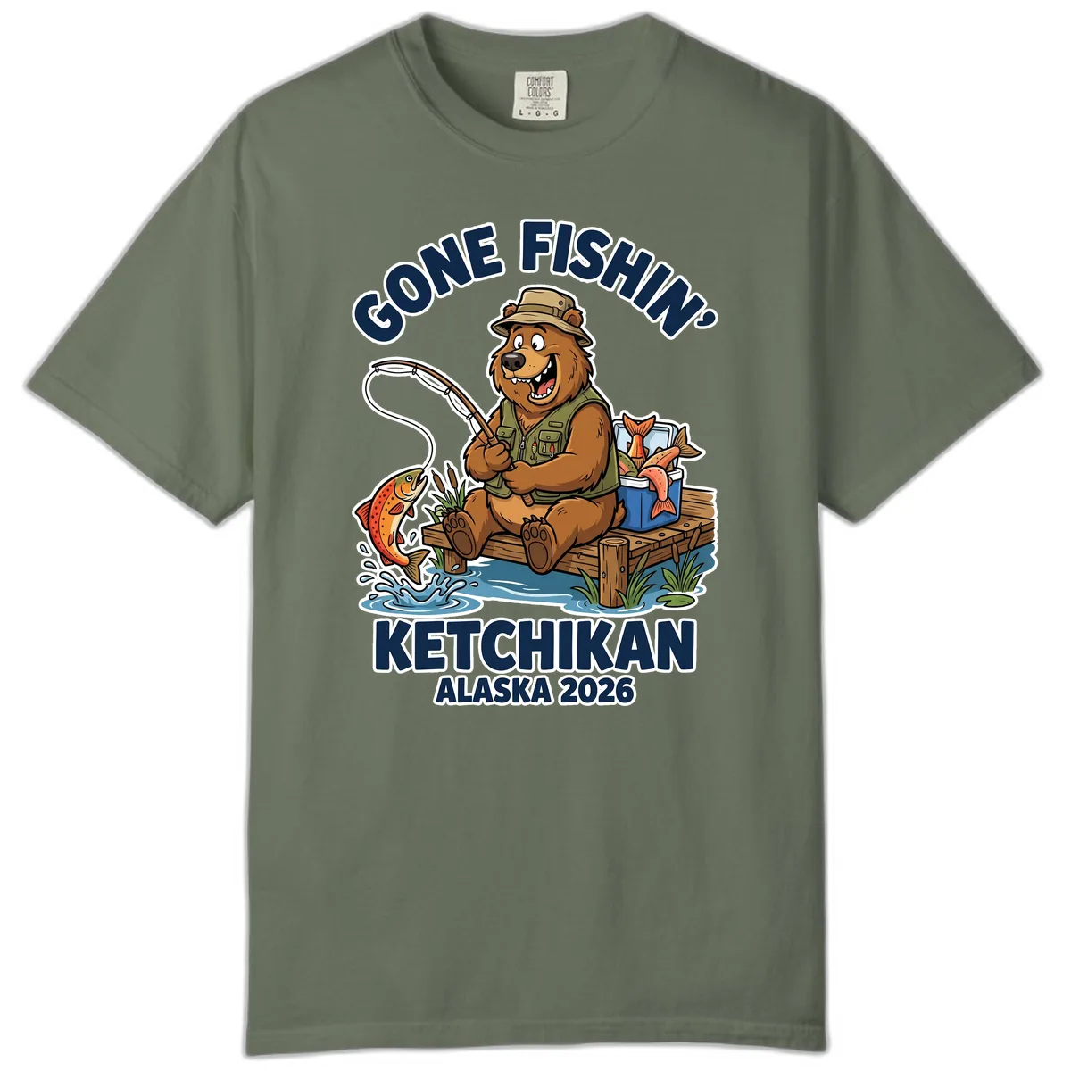 Gone Fishin' Ketchikan Alaska Bear Fishing Adventure Comfort Color in Moss