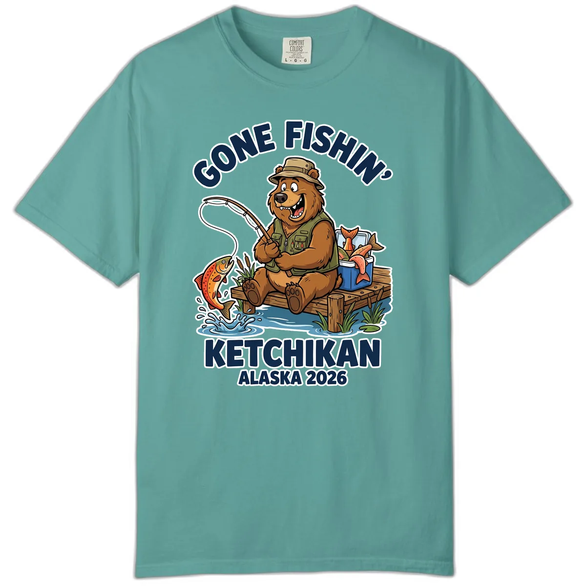 Gone Fishin' Ketchikan Alaska Bear Fishing Adventure Comfort Color in Seafoam