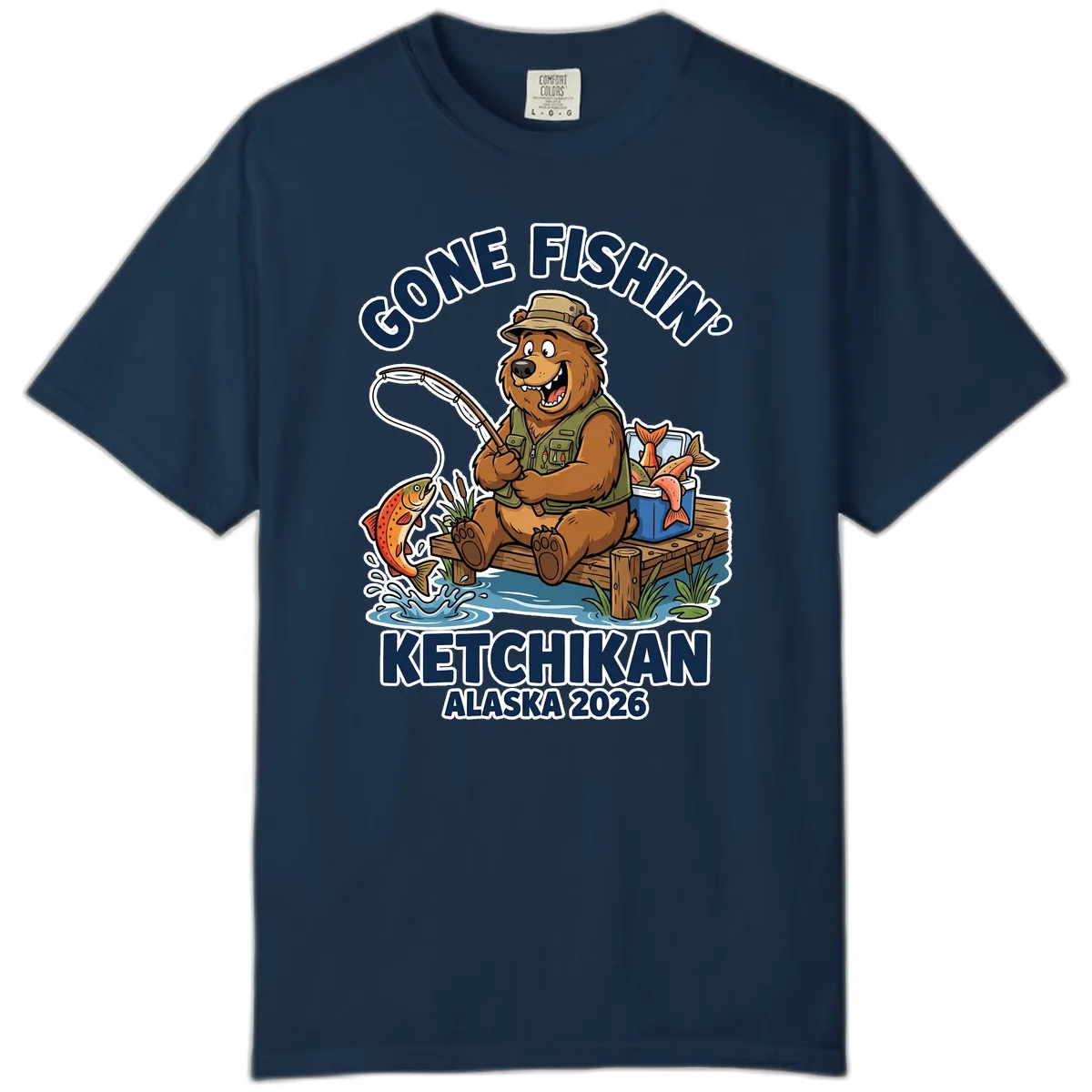 Gone Fishin' Ketchikan Alaska Bear Fishing Adventure Comfort Color in True Navy