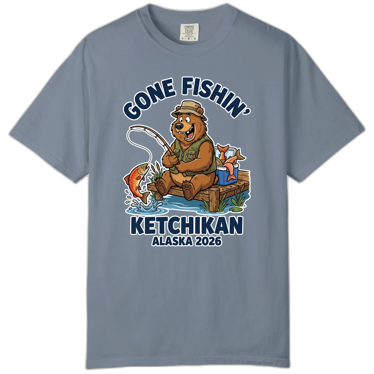 Gone Fishin' Ketchikan Alaska Bear Fishing Adventure Comfort Color in Blue Jean