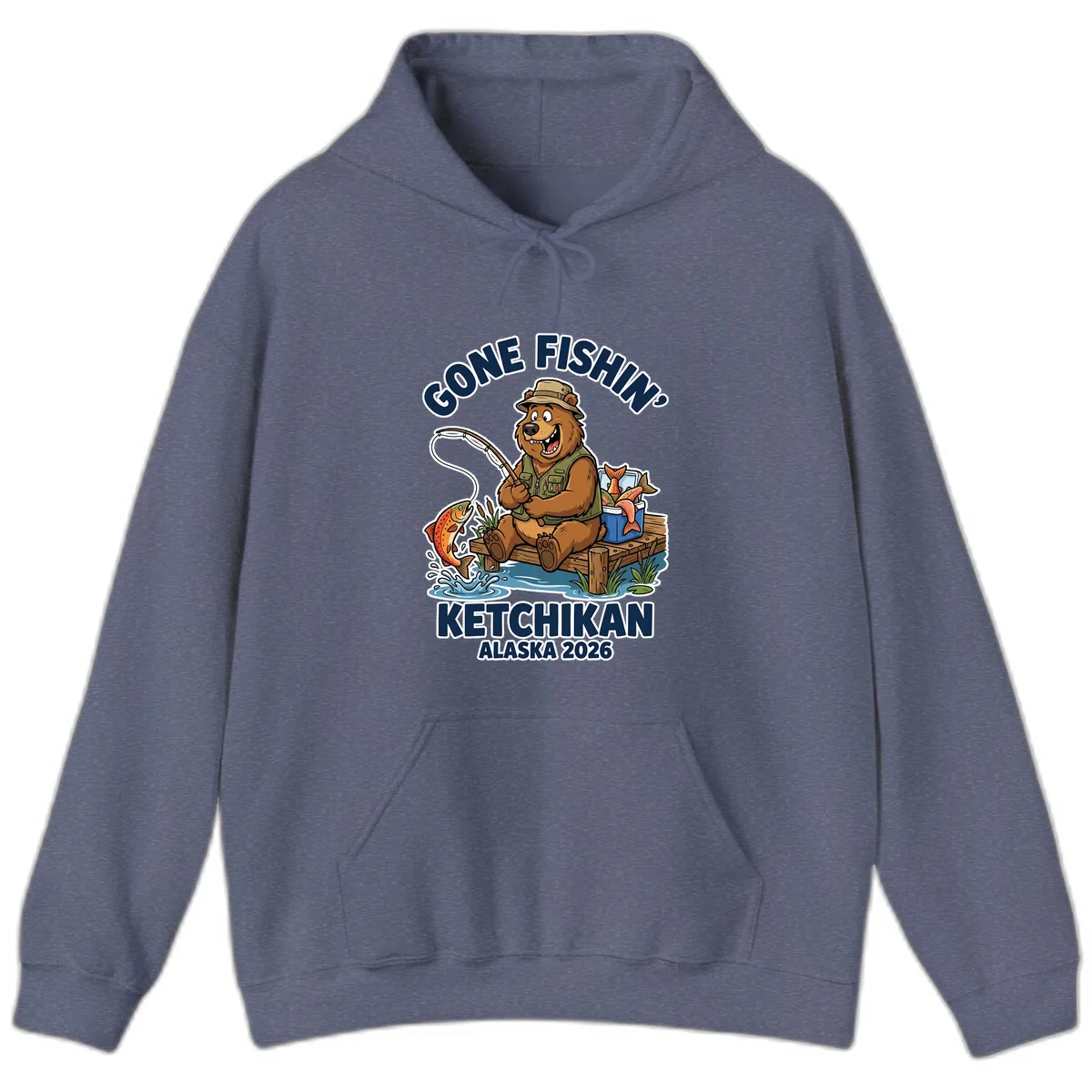 Gone Fishin' Ketchikan Alaska Bear Fishing Adventure Hoodie in Heather Navy