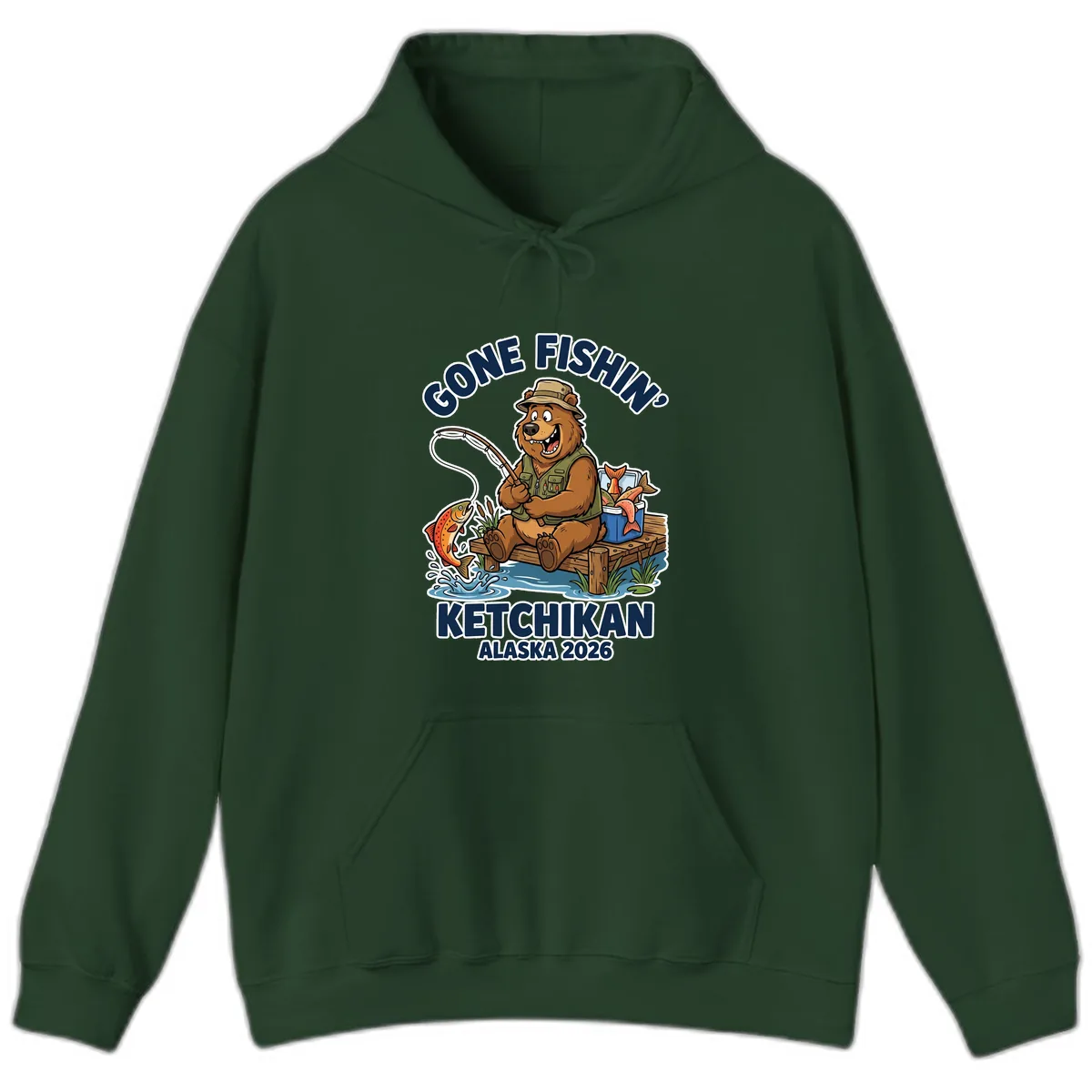 Gone Fishin' Ketchikan Alaska Bear Fishing Adventure Hoodie in Forest Green