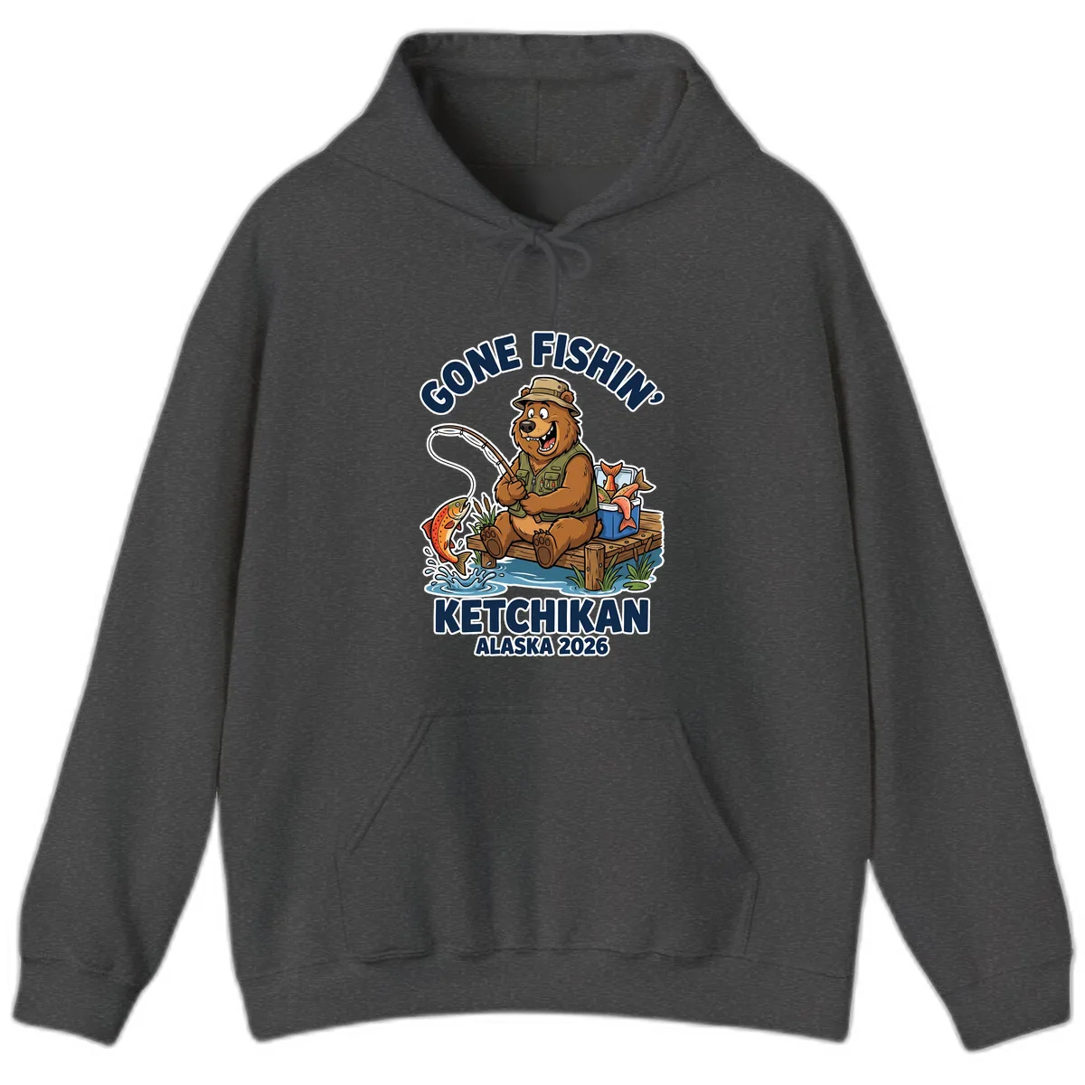 Gone Fishin' Ketchikan Alaska Bear Fishing Adventure Hoodie in Dark Heather