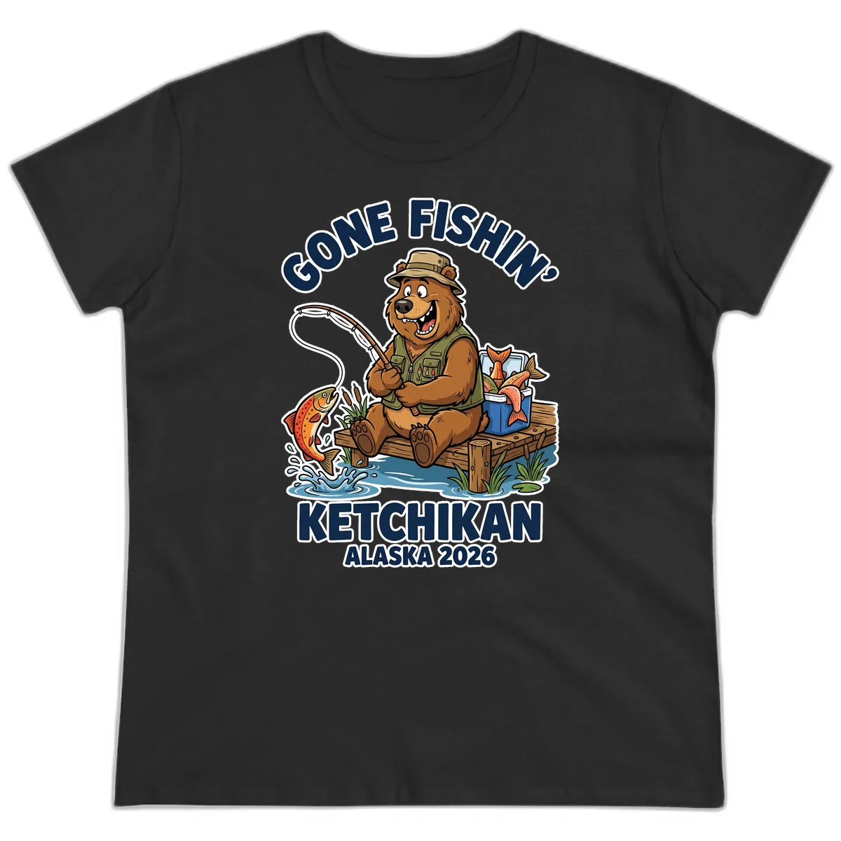 Gone Fishin' Ketchikan Alaska Bear Fishing Adventure Ladies Tee in Black
