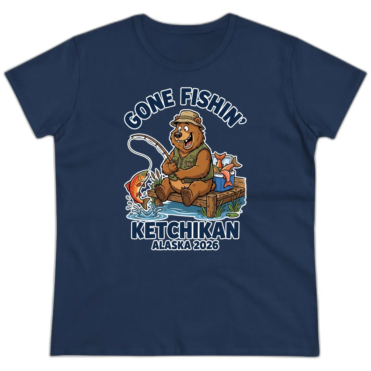 Gone Fishin' Ketchikan Alaska Bear Fishing Adventure Ladies Tee in Navy