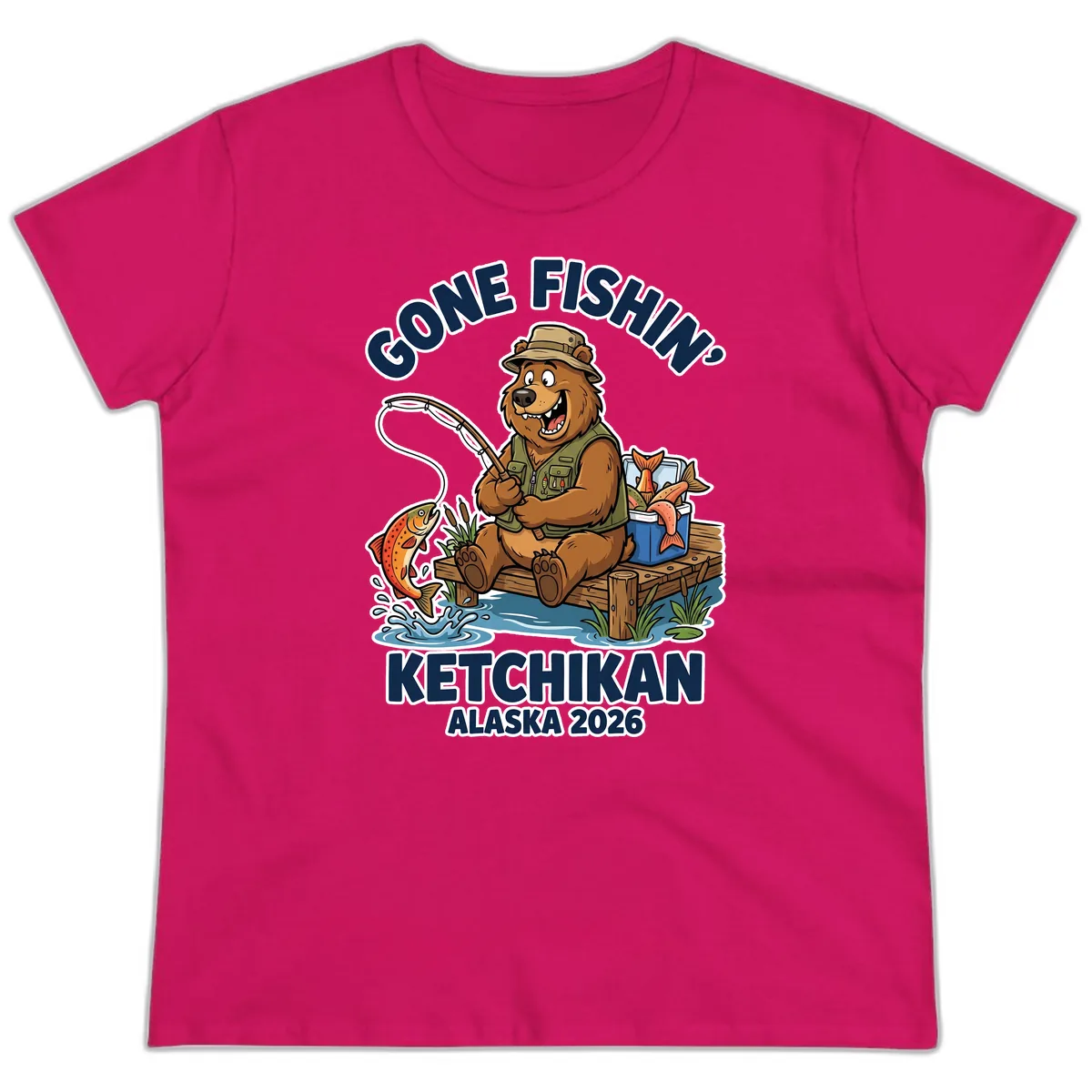 Gone Fishin' Ketchikan Alaska Bear Fishing Adventure Ladies Tee in Heliconia