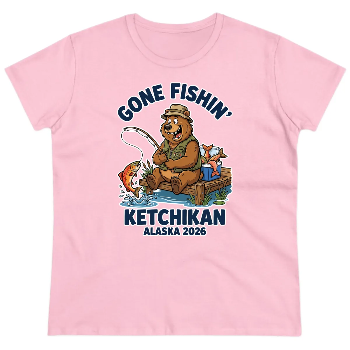 Gone Fishin' Ketchikan Alaska Bear Fishing Adventure Ladies Tee in Light Pink