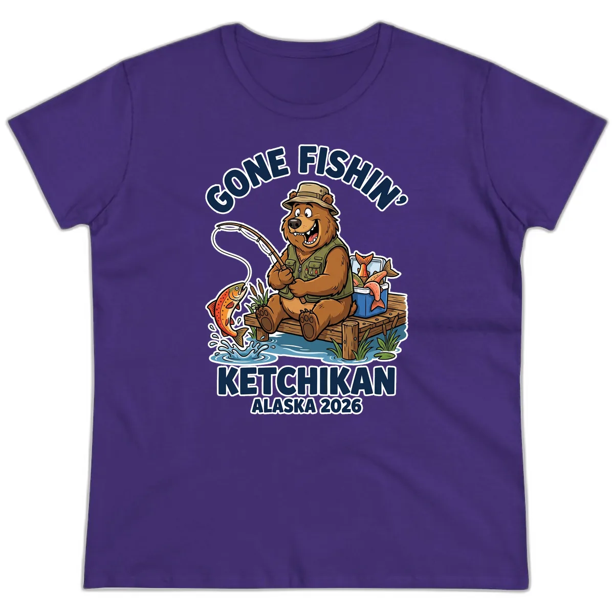Gone Fishin' Ketchikan Alaska Bear Fishing Adventure Ladies Tee in Purple