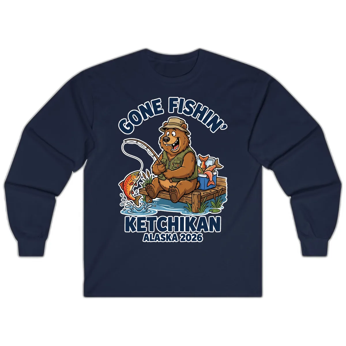 Gone Fishin' Ketchikan Alaska Bear Fishing Adventure Long Sleeve in Navy