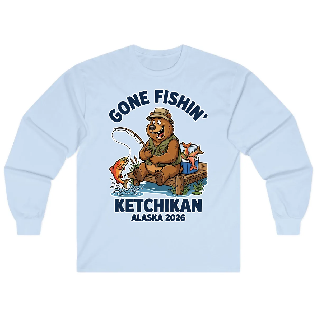 Gone Fishin' Ketchikan Alaska Bear Fishing Adventure Long Sleeve in Light Blue