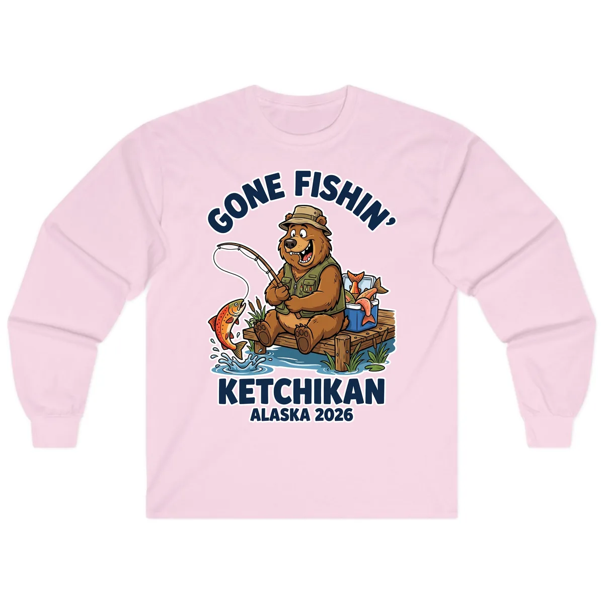 Gone Fishin' Ketchikan Alaska Bear Fishing Adventure Long Sleeve in Light Pink