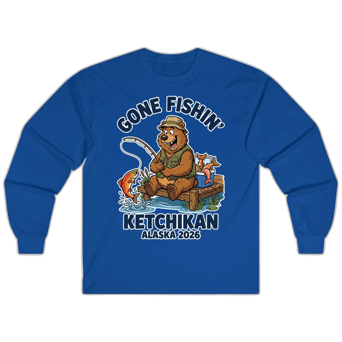 Gone Fishin' Ketchikan Alaska Bear Fishing Adventure Long Sleeve in Royal