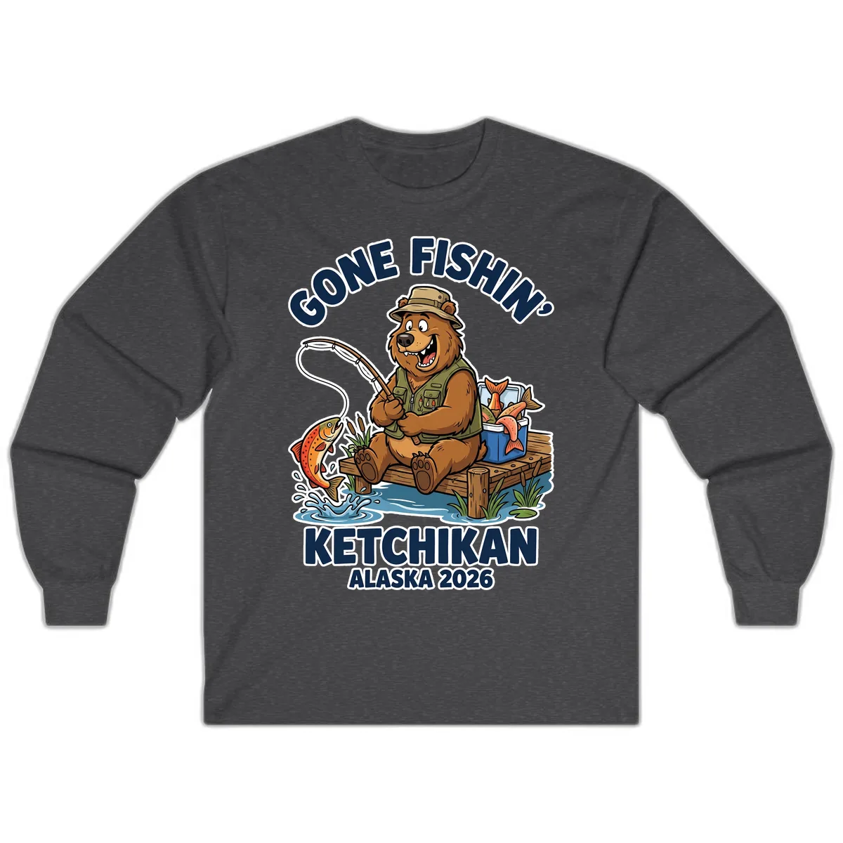 Gone Fishin' Ketchikan Alaska Bear Fishing Adventure Long Sleeve in Dark Heather